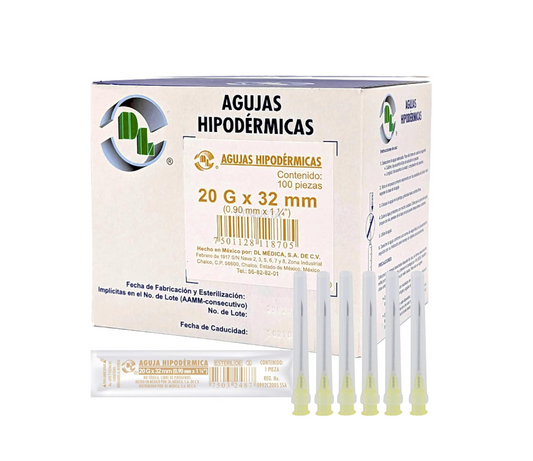 Caja DL de agujas hipodérmicas 20G × 32 mm (0,90 mm × 1¼″), 100 piezas, pabellón amarillo