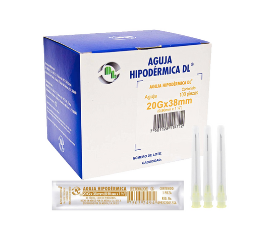 Caja DL de agujas hipodérmicas 20G × 38 mm (0,90 mm × 1½″), 100 piezas, pabellón amarillo