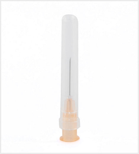 Aguja hipodérmica DL 25G × 16 mm con pabellón naranja y protector transparente sobre fondo blanco