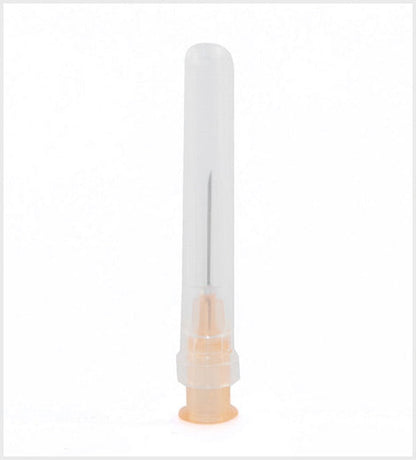 Aguja hipodérmica DL 25G × 16 mm con pabellón naranja y protector transparente sobre fondo blanco