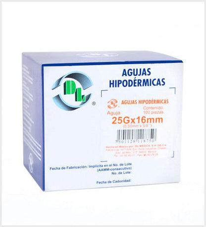 Caja DL de agujas hipodérmicas 25G × 16 mm (0,50 mm × ⅝″), 100 piezas, pabellón naranja