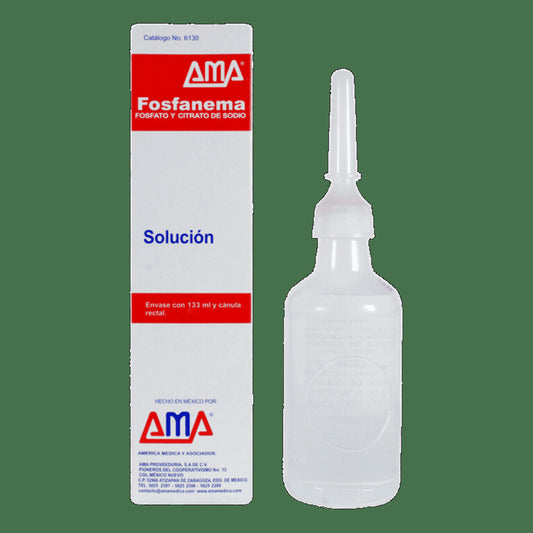 Caja AMA Fosfanema catálogo 6130, fosfato y citrato de sodio, envase con 133 ml y cánula rectal, junto al frasco