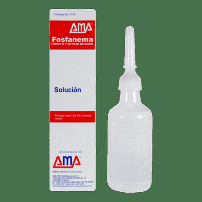 Caja AMA Fosfanema catálogo 6130, fosfato y citrato de sodio, envase con 133 ml y cánula rectal, junto al frasco
