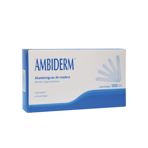 Caja Ambiderm Abatelenguas 100 de madera, contenido de 100 piezas, no estéril y desechable