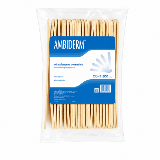Imagen optimizada: abatelenguas de madera Ambiderm, paquete con 500 piezas, sobre fondo blanco