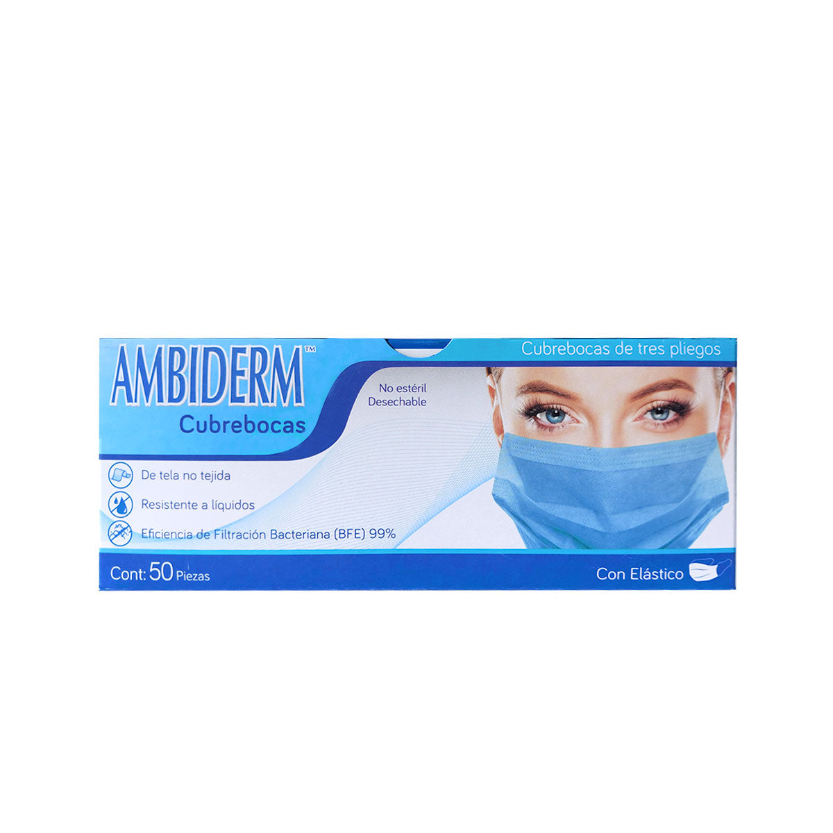 Ambiderm Econoply 2 cubreboca azul de tres pliegos caja con 50 piezas