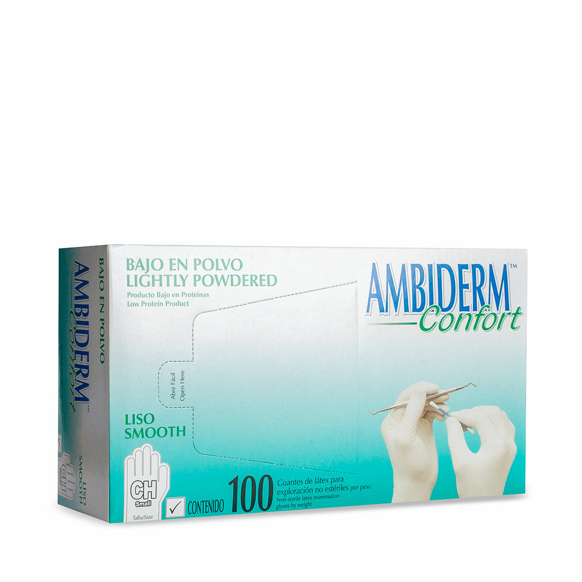Caja Ambiderm Confort de guantes de látex para exploración, talla CH (chico), lisa, bajo en polvo, no estéril, contenido 100 por peso