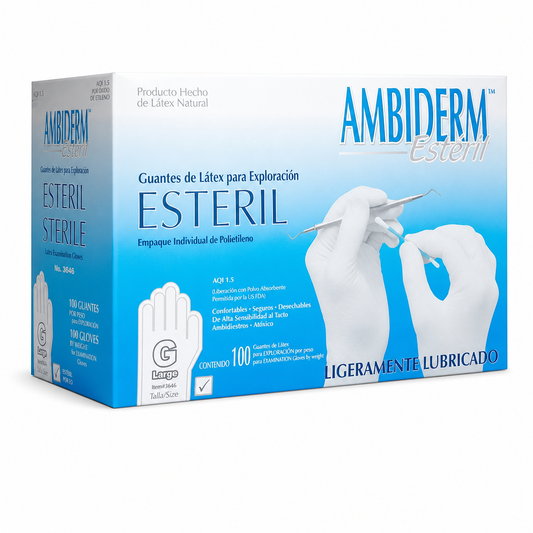 Caja de guantes de látex Ambiderm Estéril, talla G, con 100 guantes, sobre fondo blanco