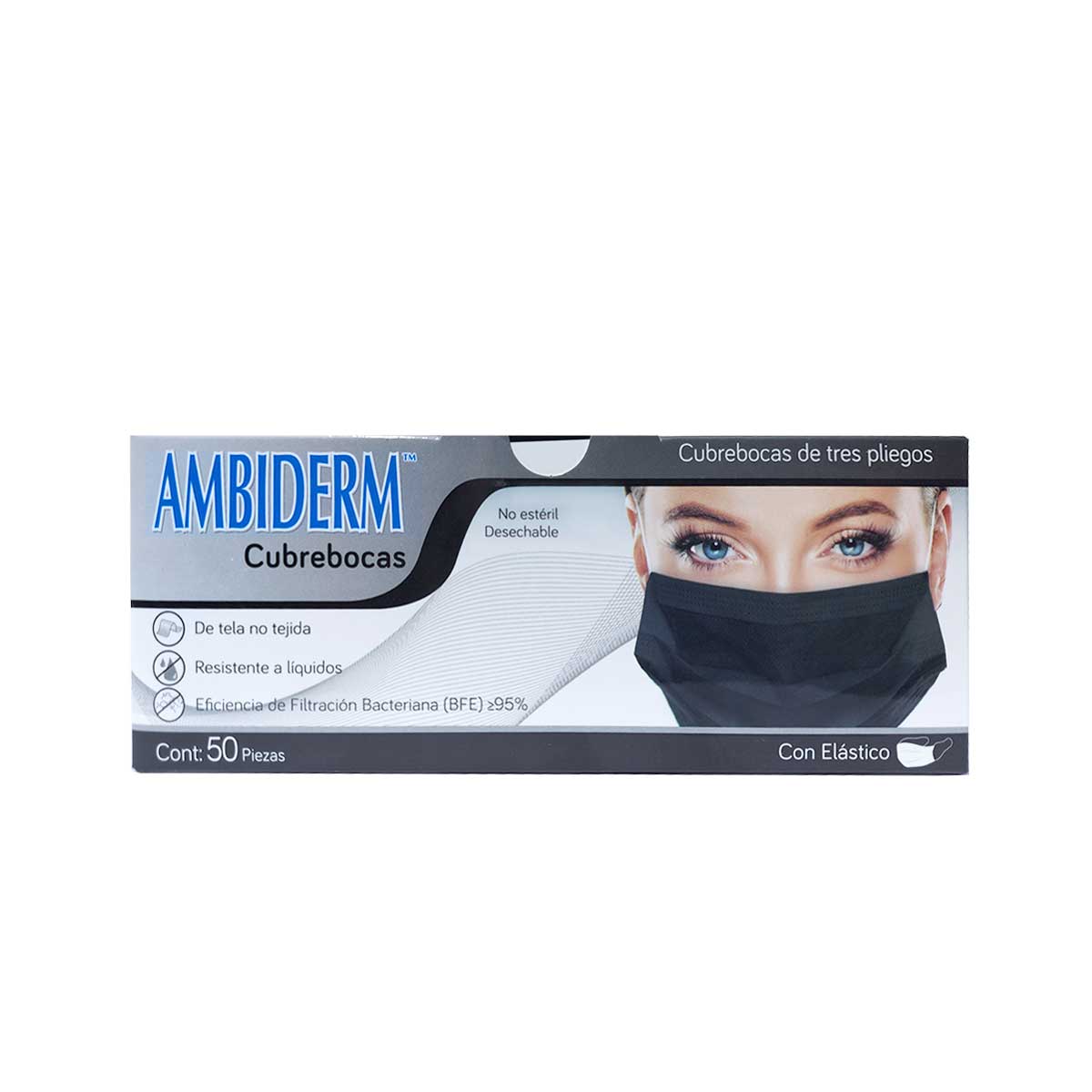 Ambiderm cubreboca negro de tres pliegos caja con 50 piezas