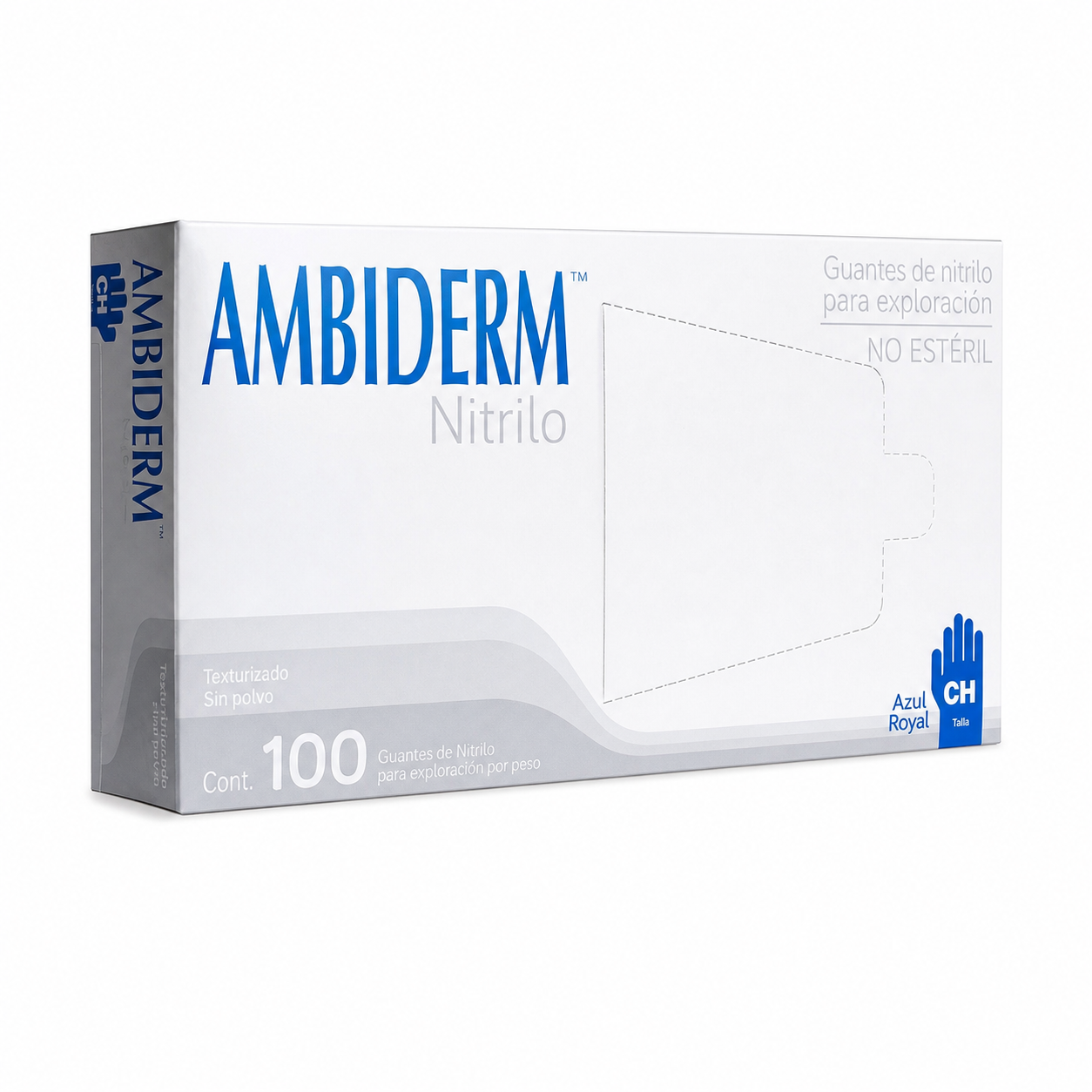 Caja de guantes de nitrilo Ambiderm azul royal, talla CH, con 100 guantes, sobre fondo blanco