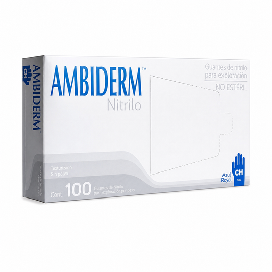 Caja de guantes de nitrilo Ambiderm azul royal, talla CH, con 100 guantes, sobre fondo blanco