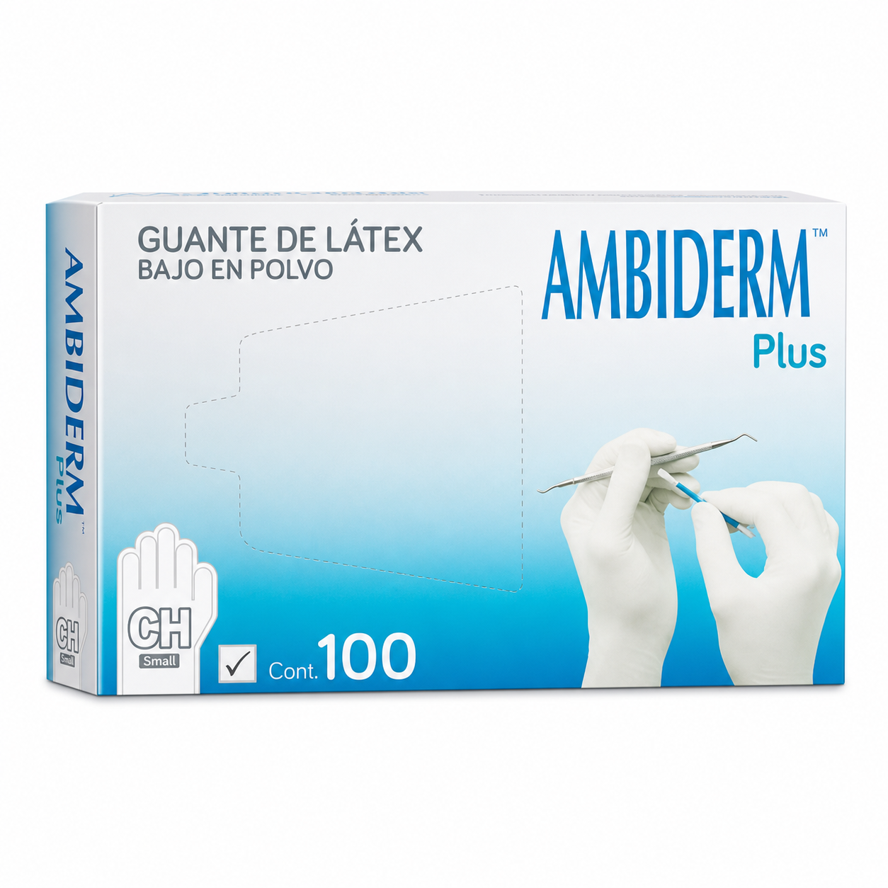 Caja de guantes de látex Ambiderm Plus, talla CH, con 100 guantes, sobre fondo blanco