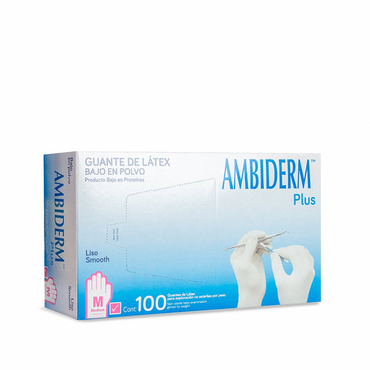 Caja Ambiderm Plus rosa de guantes de látex, talla M mediana, lisa, bajo en polvo, producto bajo en proteínas, no estéril, contenido 100 por peso