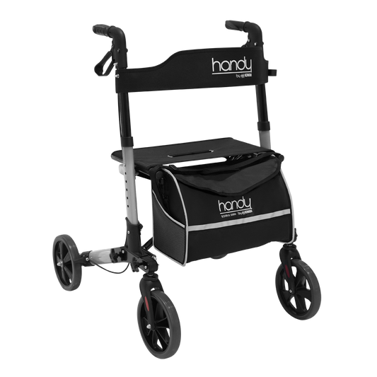 Andadera plegable Handy AN01 gris con asiento, respaldo, bolsa y ruedas