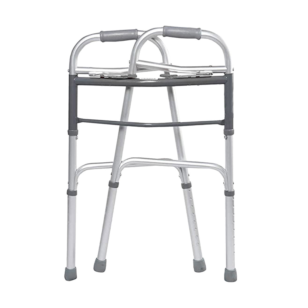 Andadera gris Handy AN02G de frente, con dos empuñaduras y cuatro patas