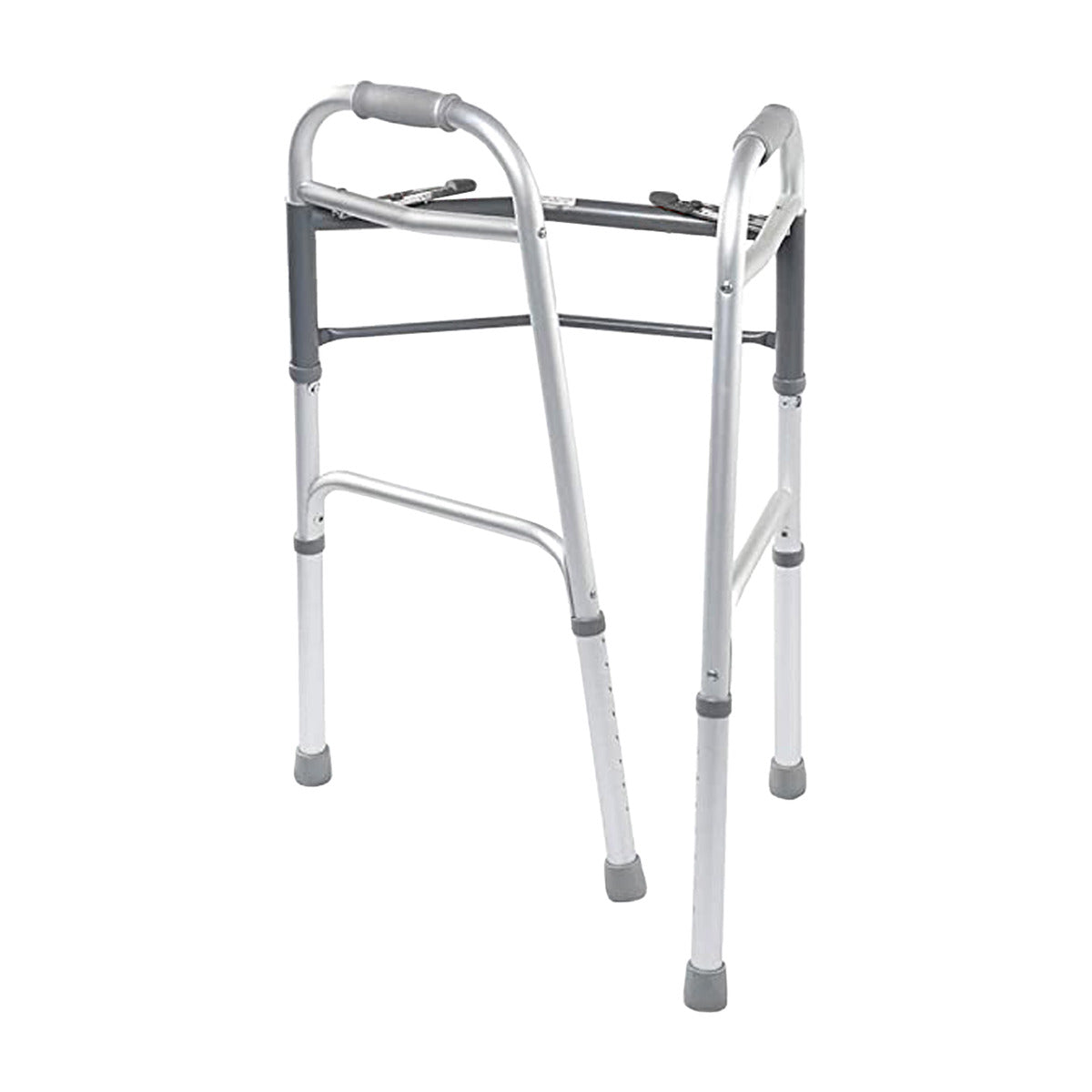 Andadera gris Handy AN02G de lado, con empuñaduras, botones y cuatro conteras