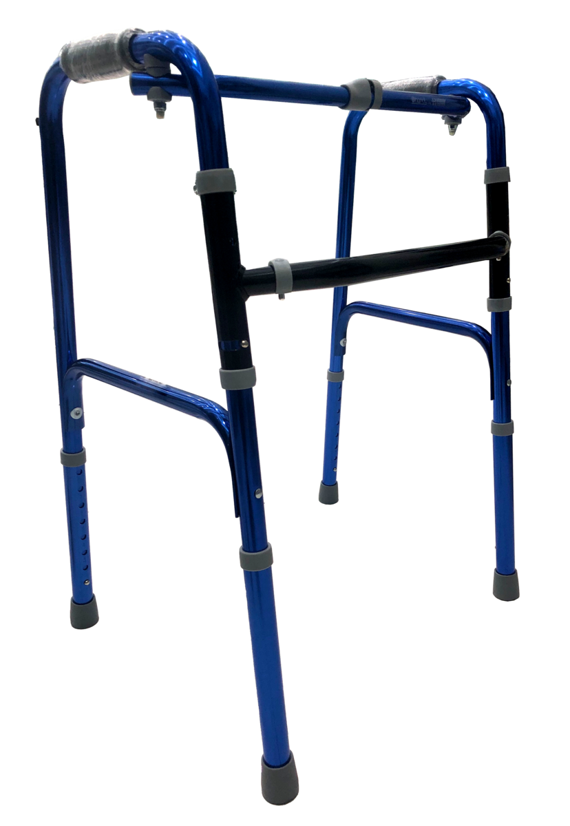 Andadera plegable azul Handy AN03A de dos botones, con cuatro apoyos y sin ruedas