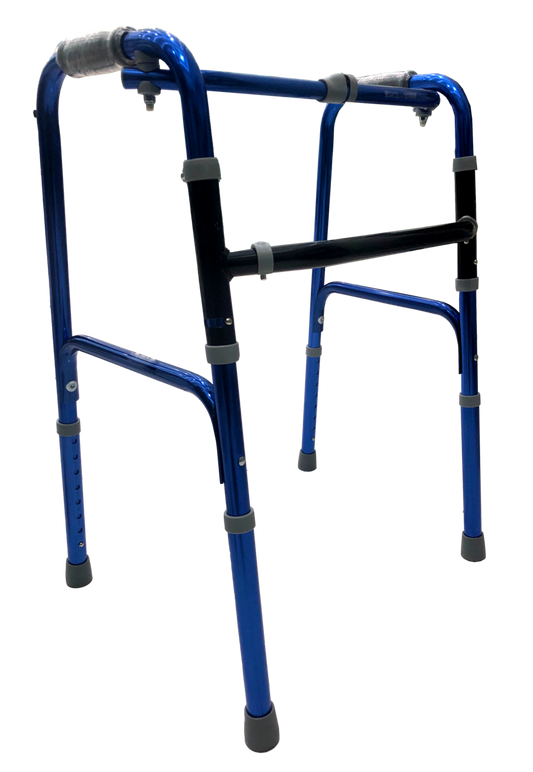 Andadera plegable azul Handy AN03A de dos botones, con cuatro apoyos y sin ruedas