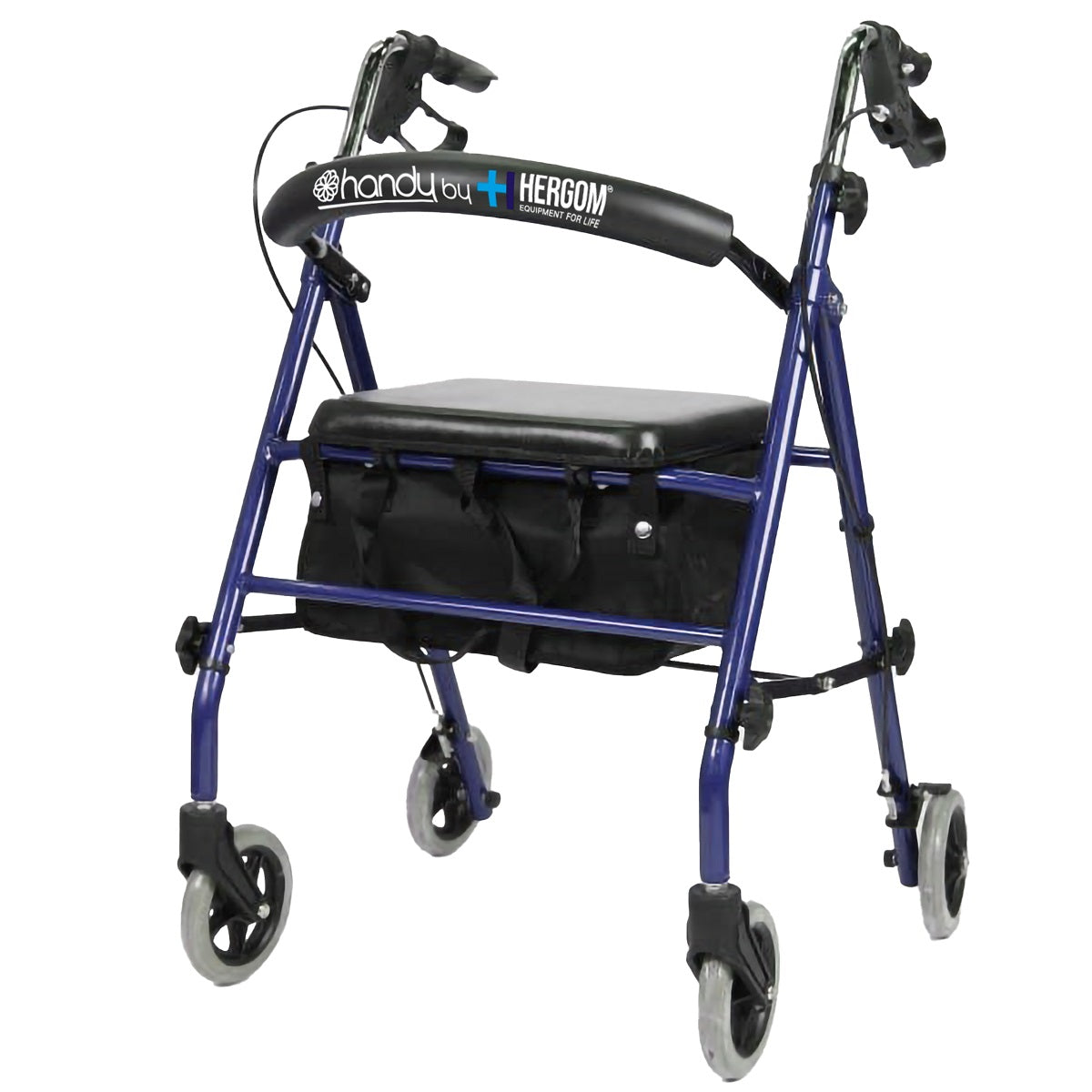 Andadera Handy AN06 completa, de frente en tres cuartos, con asiento, bolsa y cuatro ruedas
