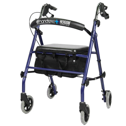 Andadera Handy AN06 completa, de frente en tres cuartos, con asiento, bolsa y cuatro ruedas