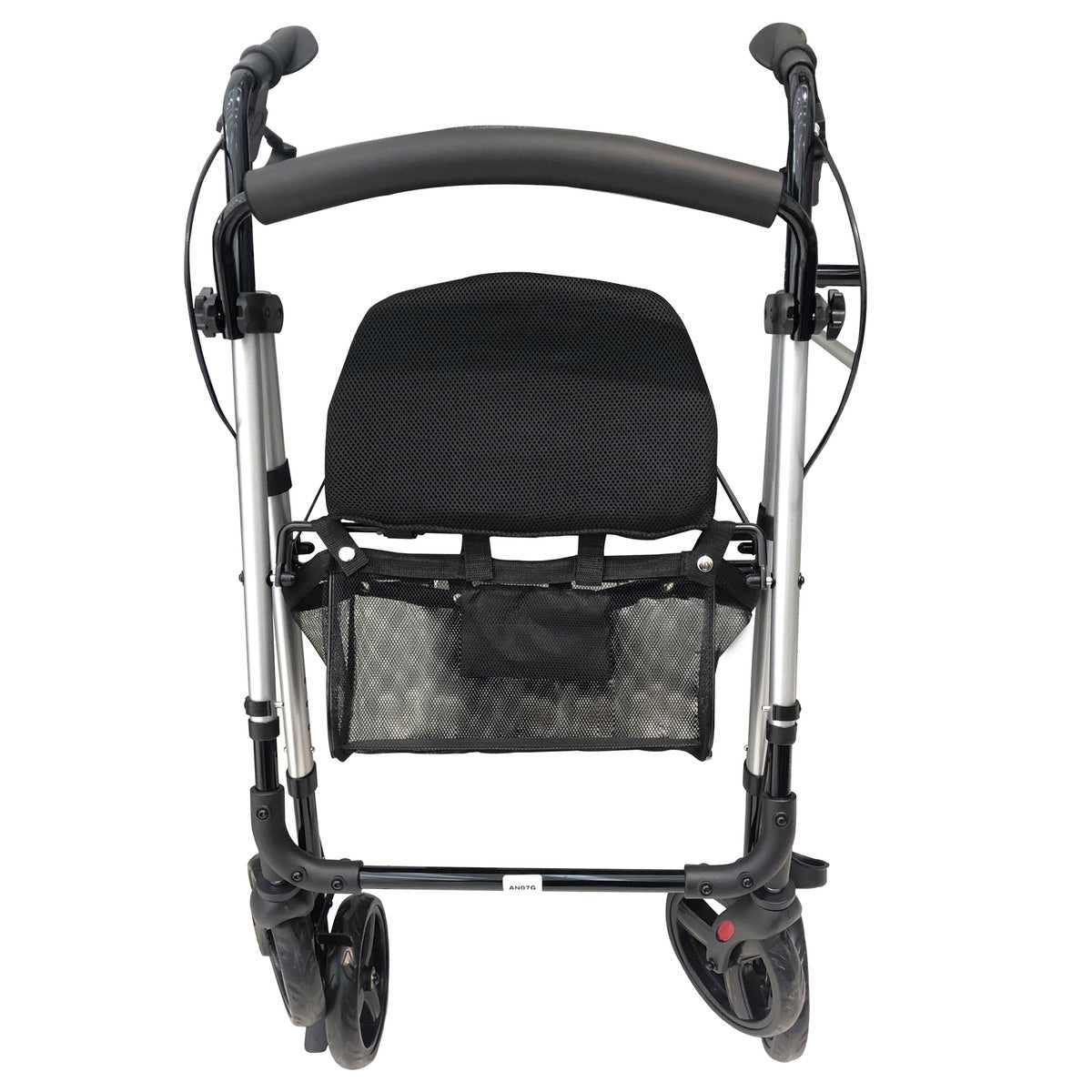 Andadera Handy AN07G completa, vista por detrás, con la leyenda AN07G, asiento, bolsa y cuatro ruedas