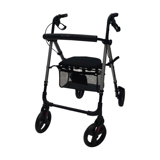 Andadera Handy AN07G en tres cuartos, gris, con respaldo handy by Hergom, asiento, bolsa y cuatro ruedas
