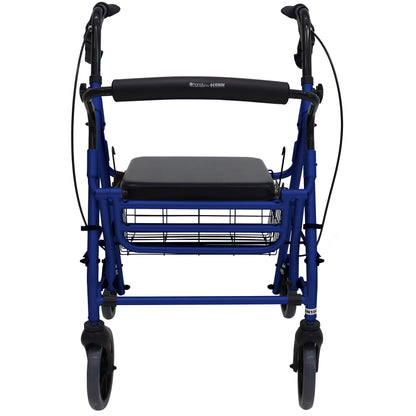 Andadera azul Handy AN10 de frente, con asiento, respaldo y canastilla