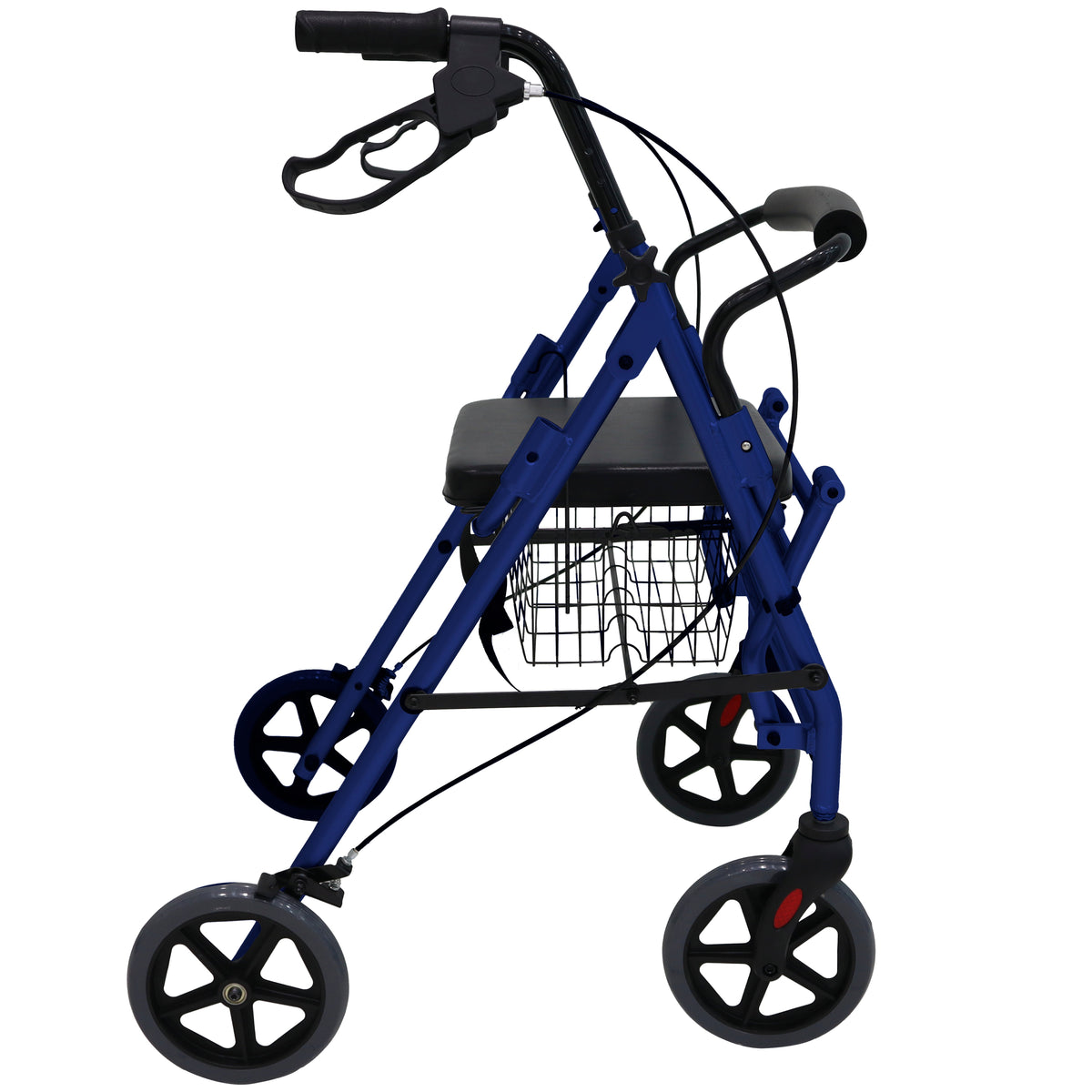 Andadera azul Handy AN10 de lado, con cuatro ruedas, asiento y palancas de freno