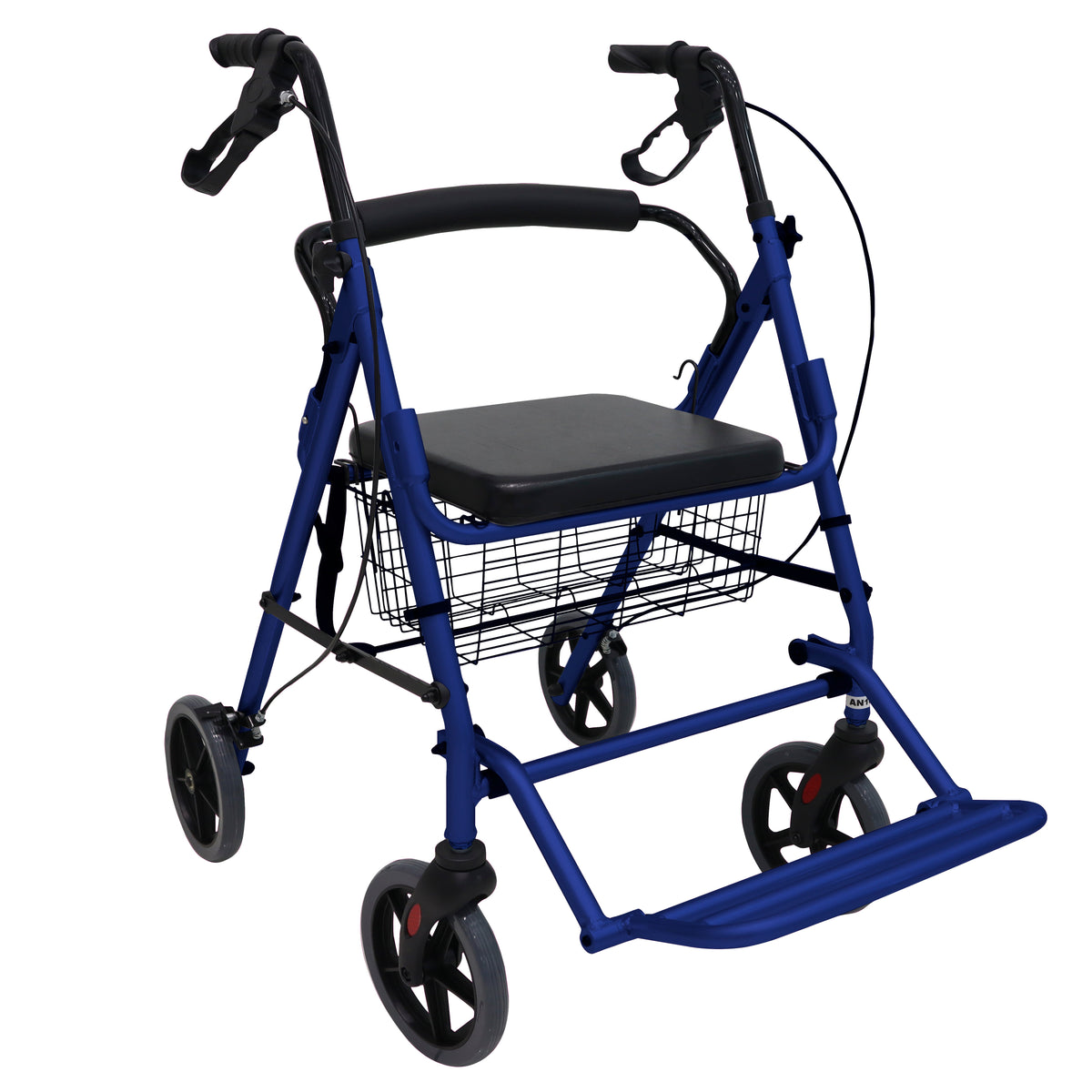 Andadera azul Handy AN10 de cuatro ruedas, con asiento, canastilla y frenos de mano