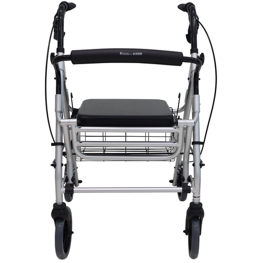 Andadera gris Handy AN10 de frente, con asiento, respaldo y canastilla