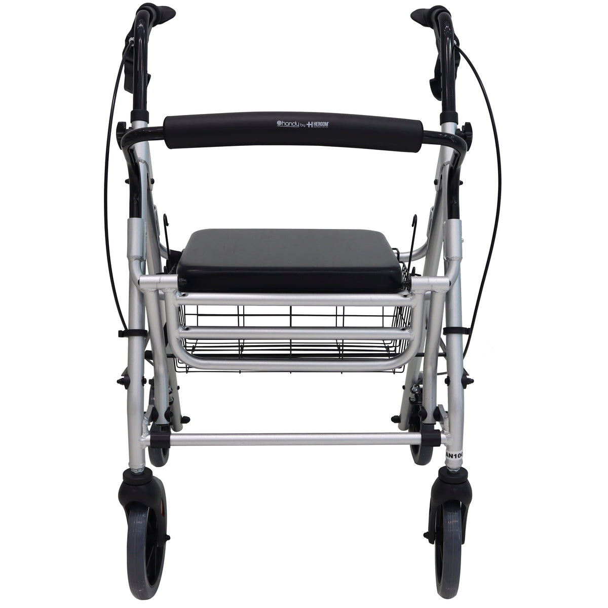 Andadera gris Handy AN10 de frente, con asiento, respaldo y canastilla