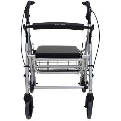 Andadera gris Handy AN10 de frente, con asiento, respaldo y canastilla