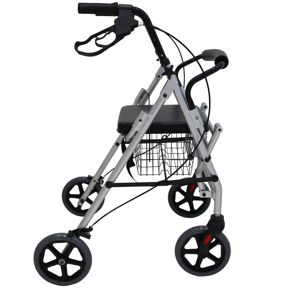 Andadera gris Handy AN10 de lado, con cuatro ruedas, asiento y palancas de freno