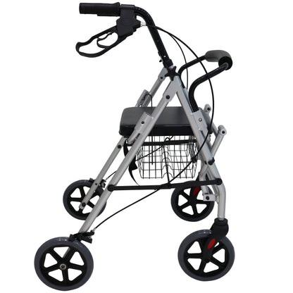 Andadera gris Handy AN10 de lado, con cuatro ruedas, asiento y palancas de freno
