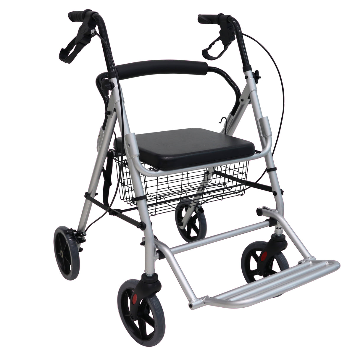 Andadera gris Handy AN10 de cuatro ruedas, con asiento, canastilla y frenos de mano