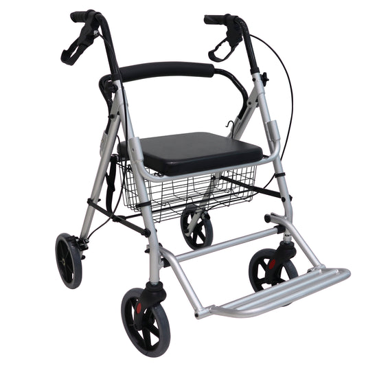 Andadera gris Handy AN10 de cuatro ruedas, con asiento, canastilla y frenos de mano