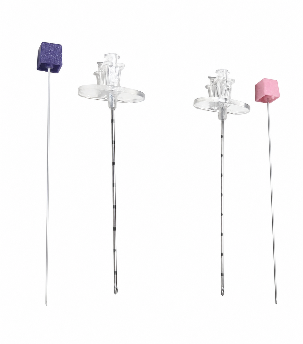 Agujas MMD tipo Tuohy para anestesia epidural, conectores de colores sobre fondo blanco