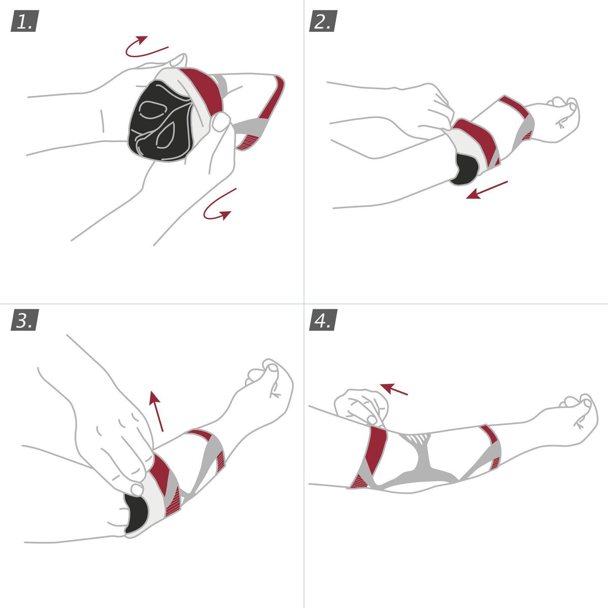 Cómo colocar la codera Actimove EpiMotion: voltear, pasar por la mano y alinear las pelotas