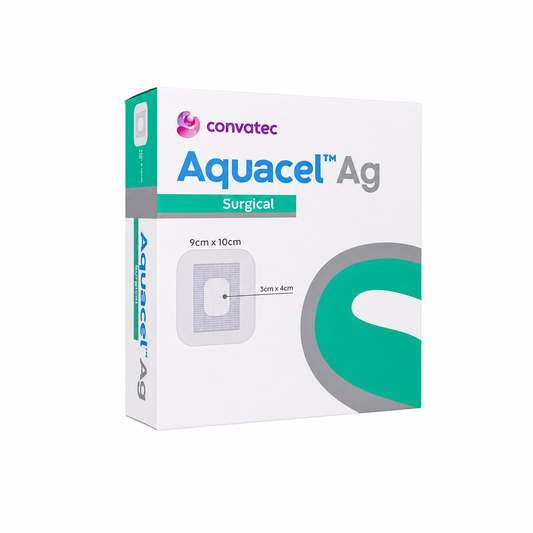 AQUACEL Ag Surgical ConvaTec 412009, apósito quirúrgico de 9 x 10 cm, caja con 10 sobre fondo blanco