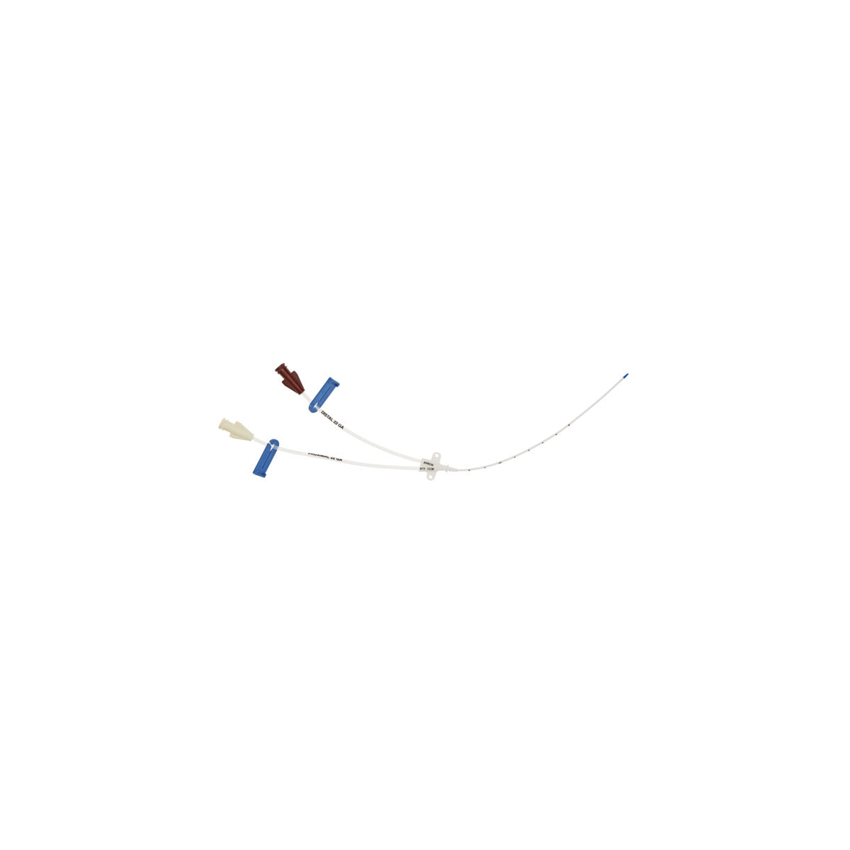 Catéter venoso central pediátrico Arrow CS-14402 de 2 lúmenes, 4 Fr × 13 cm, punta Blue FlexTip, sobre fondo blanco