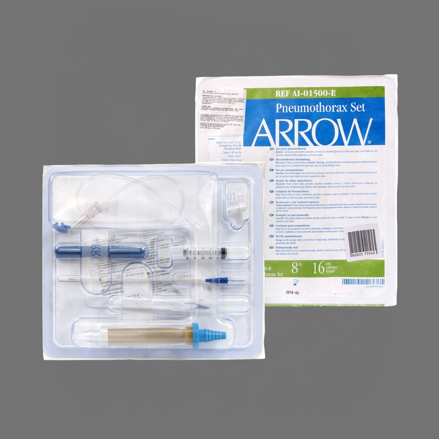 Arrow Pneumothorax Set AI-01500-E, catéter 8 Fr x 16 cm con válvula de Heimlich