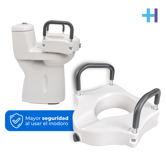 Asiento elevado Handy AWC05 con los dos reposabrazos acolchados; el inodoro de la imagen es ilustrativo