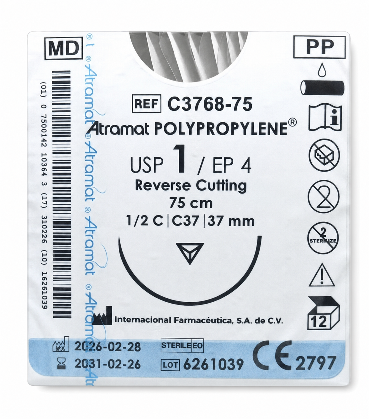 Atramat C3768-75, sutura de polipropileno USP 1 de 75 cm con aguja C37 de 37 mm sobre fondo blanco
