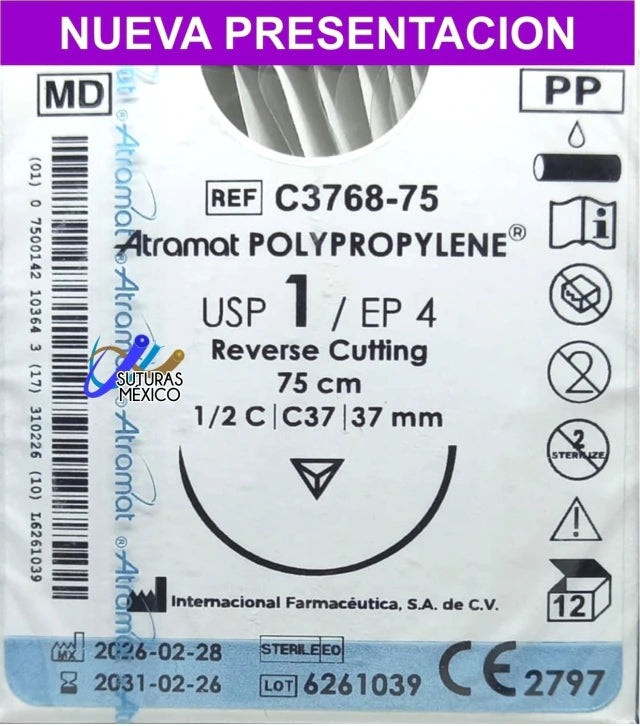 Atramat C3768-75 polipropileno USP 1 de 75 cm con aguja C37 reverso cortante de 37 mm