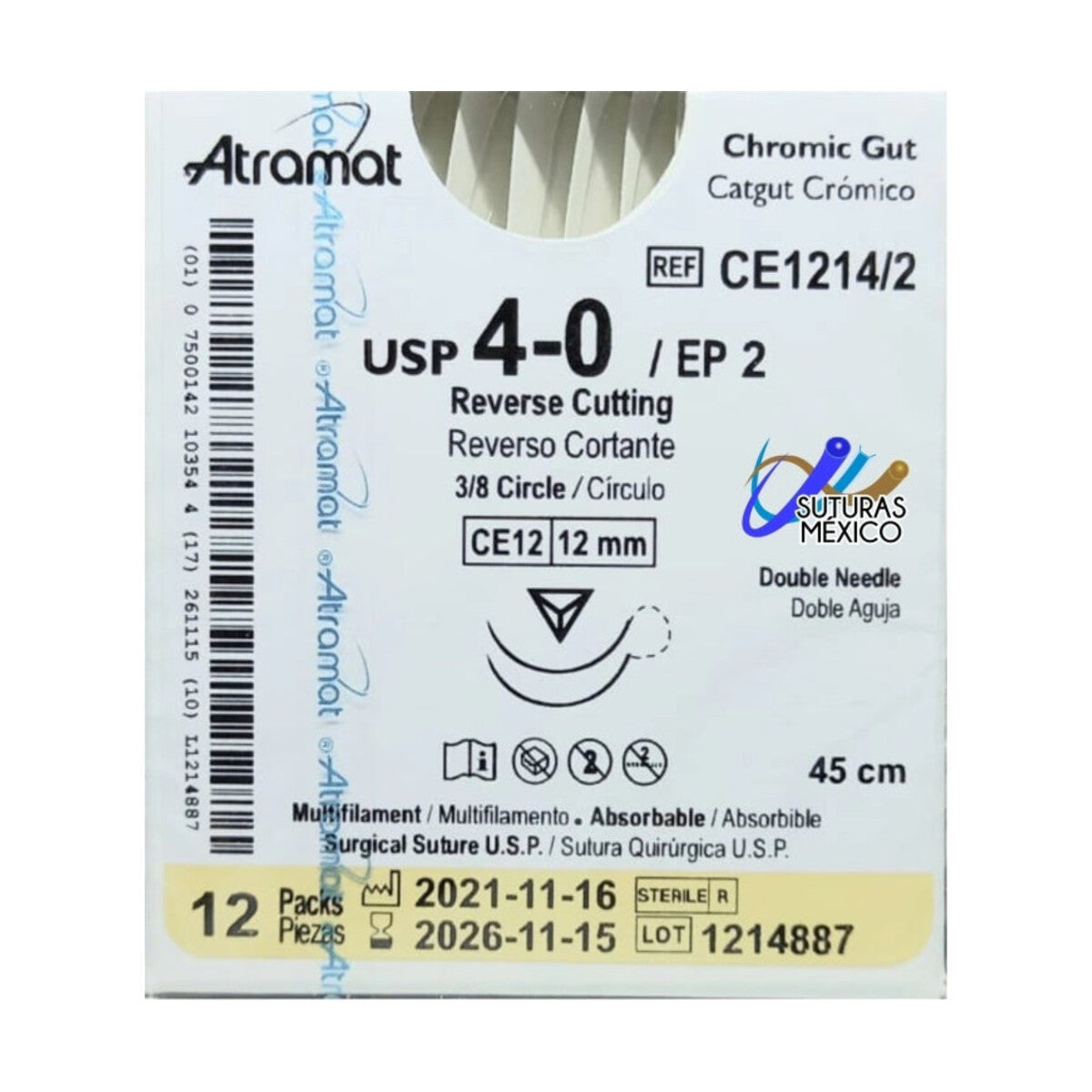 Sutura Atramat catgut crómico CE1214/2 calibre 4-0, 45 cm, aguja CE12 de 12 mm sobre fondo blanco