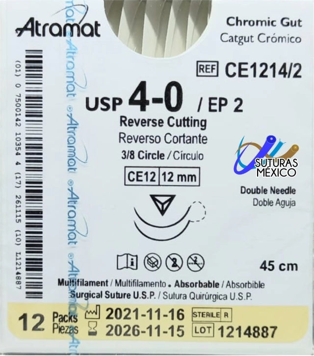 Sutura Atramat catgut crómico CE1214/2 calibre 4-0, 45 cm, aguja CE12 de 12 mm