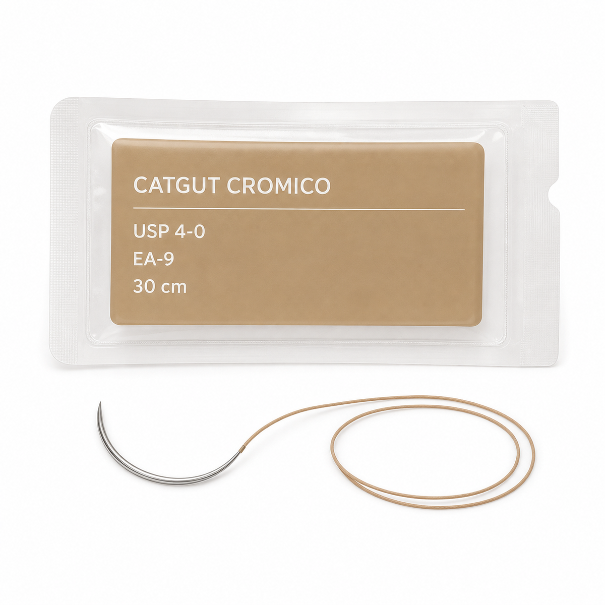 Imagen ilustrativa optimizada: sutura Catgut crómico Atramat USP 4-0 con aguja EA-9, 30 cm, sobre fondo blanco