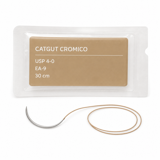 Imagen ilustrativa optimizada: sutura Catgut crómico Atramat USP 4-0 con aguja EA-9, 30 cm, sobre fondo blanco