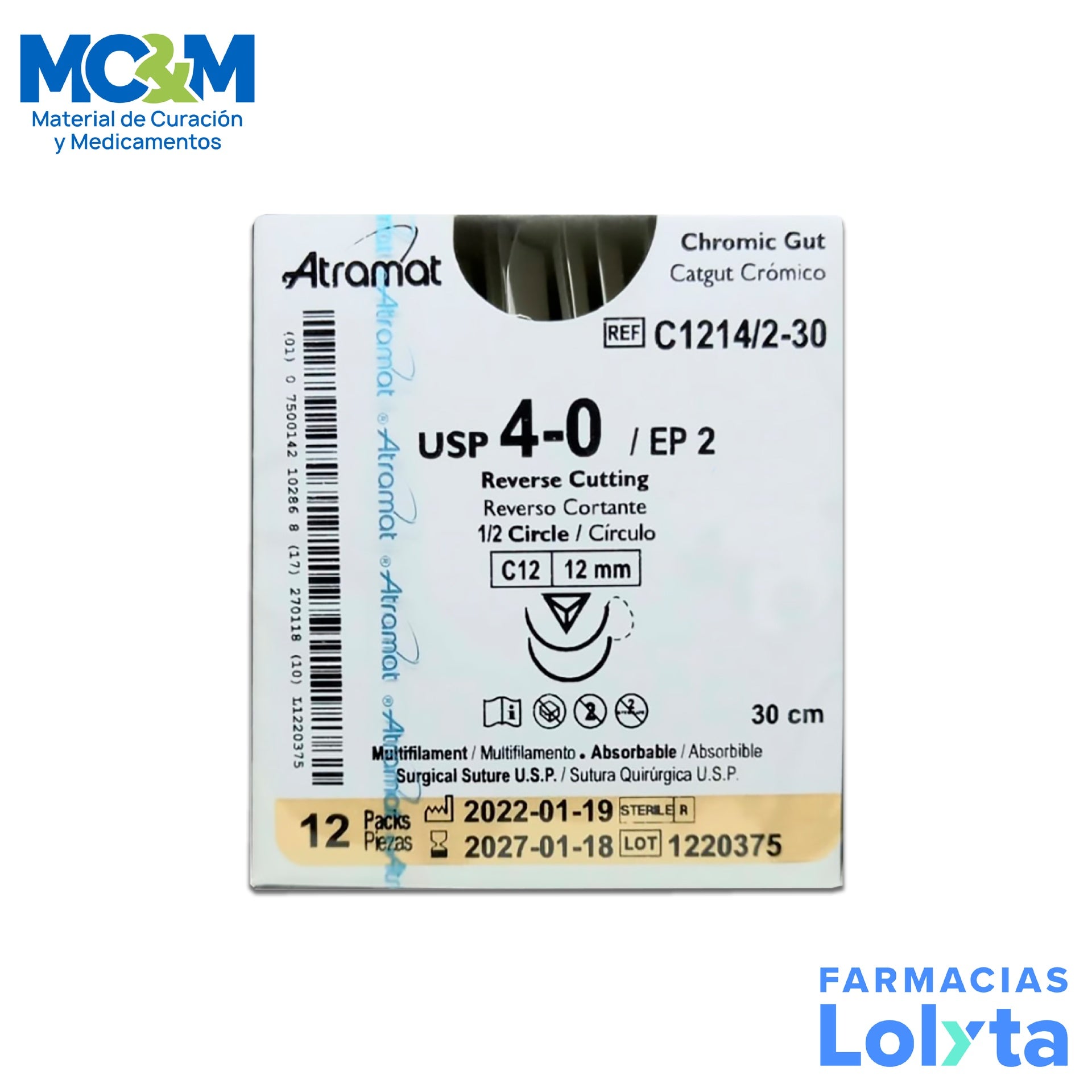 Atramat Catgut crómico USP 4-0 con aguja C12 de 12 mm