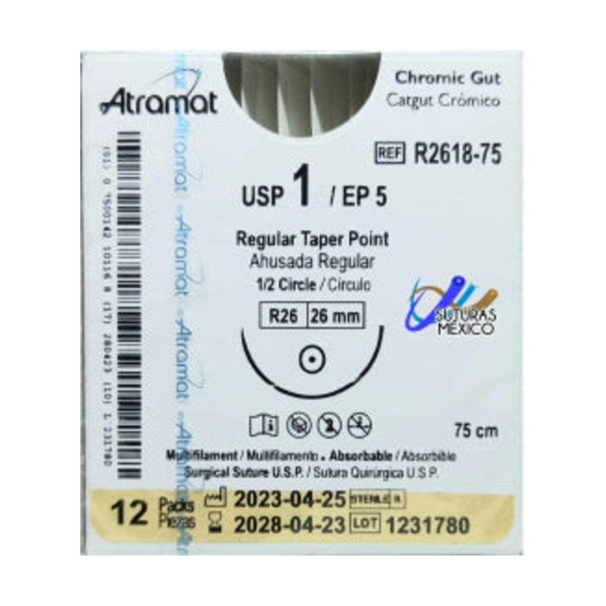 Sutura ATRAMAT Catgut Crómico R2618-75 USP 1 de 75 cm con aguja R26 sobre fondo blanco
